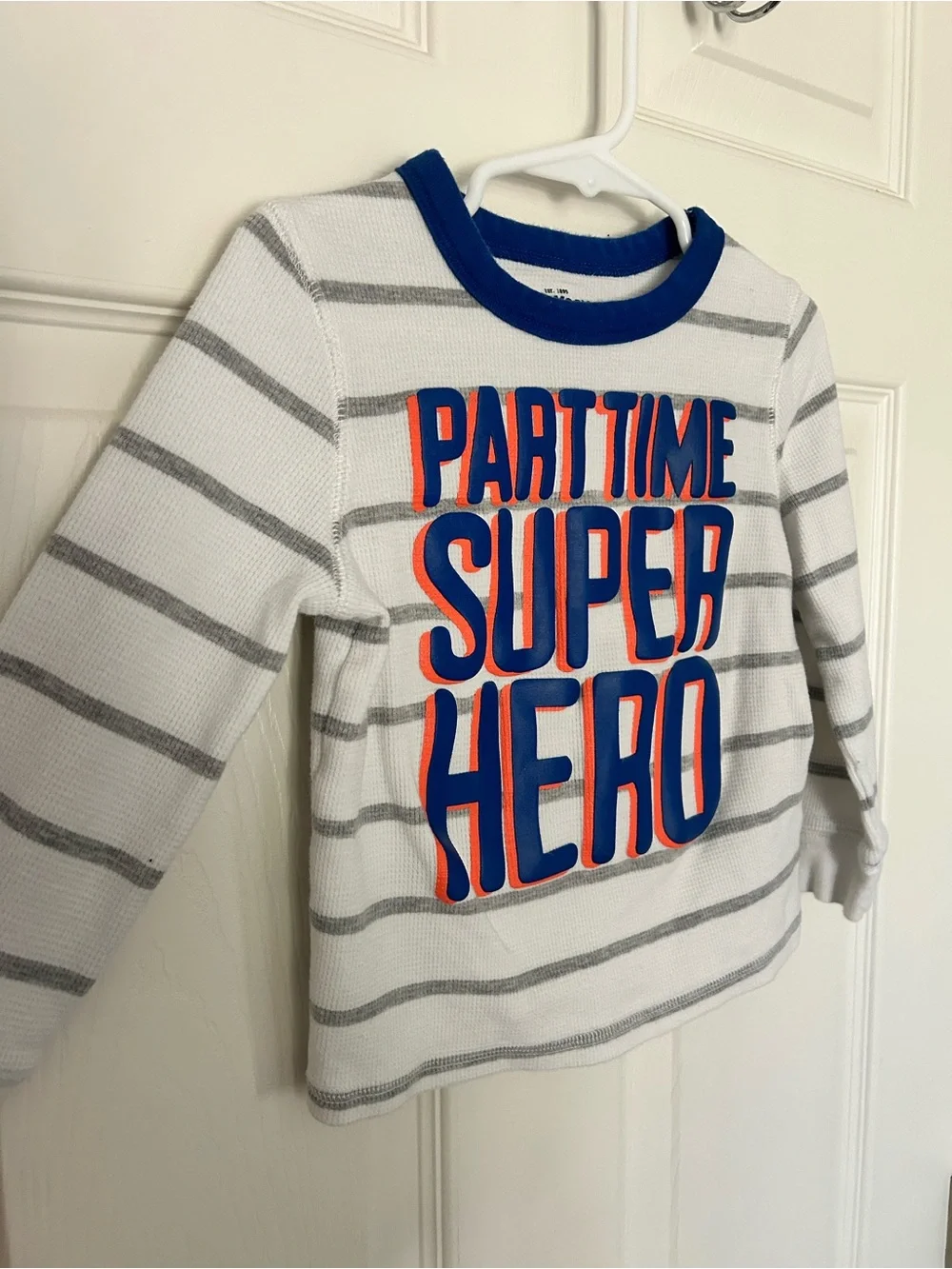 toddler Boys, OshKosh B'gosh, White & Gray Striped 'Super Hero' Long-Sleeve 3T